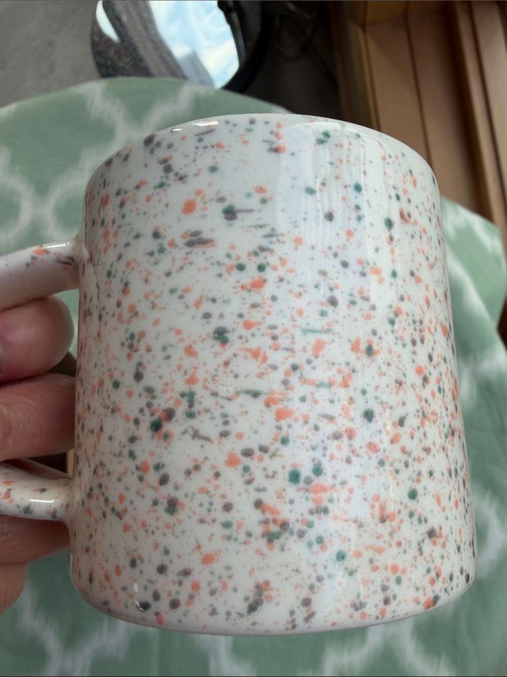 NEW Hand painted Speckled Ceramic Mug in White with Green & Coral Flecks - Picture 3 of 8